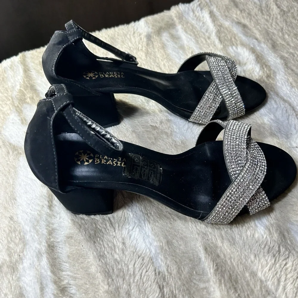 Planeta Brasil Women Black Rhinestone Block Heel Ankle Strap Sandals Size 37 6.5